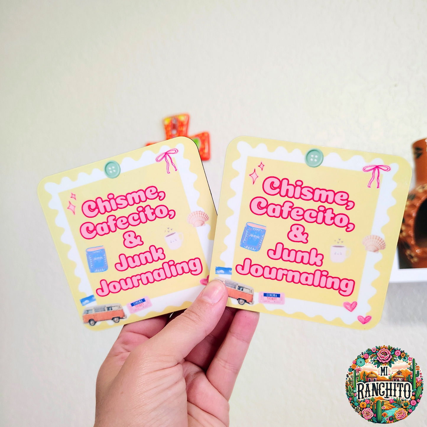 Chisme, Cafecito & Junk Journaling - Hardboard Coaster